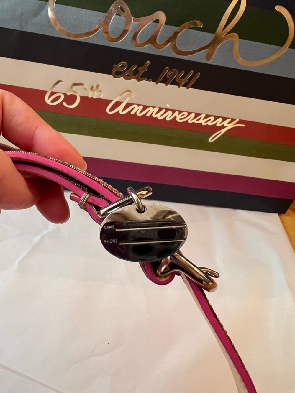 Coach Khaki & Pink Signature Mini C Flower Embellished Dog Collar - Picture 3 of 11